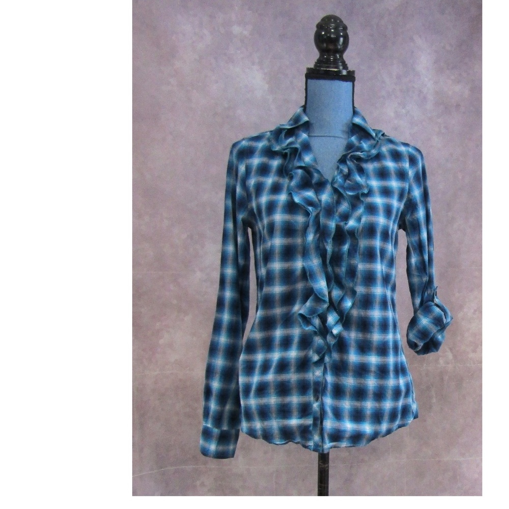 Express Blue Gray Teal Plaid Ruffled Shirt Size S
